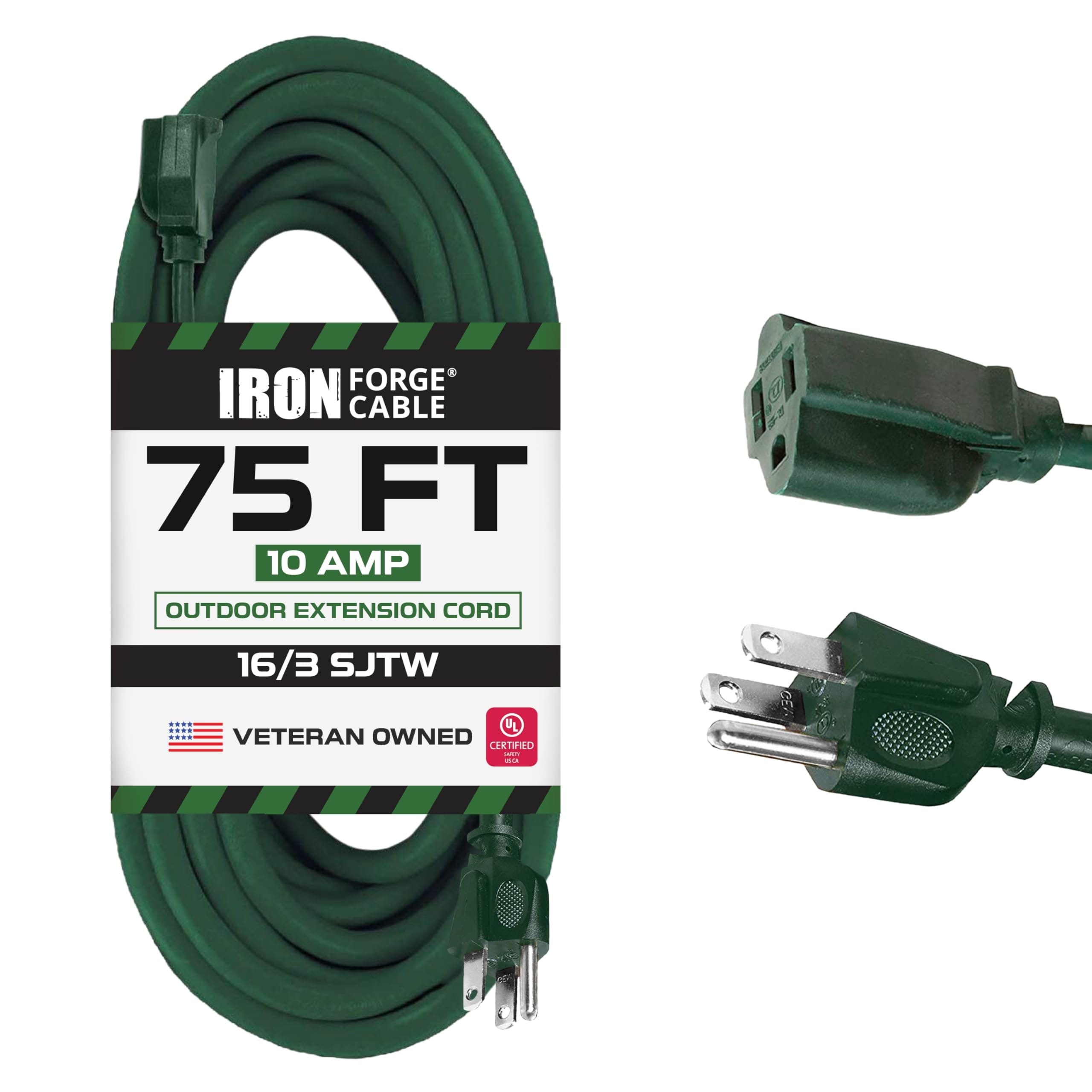 75 Ft Outdoor Extension Cord, 16/3 Green 75 Ft Extension Cord Indoor/Outdoor Use, 3 Prong, Weatherproof Jacket Extension Cord