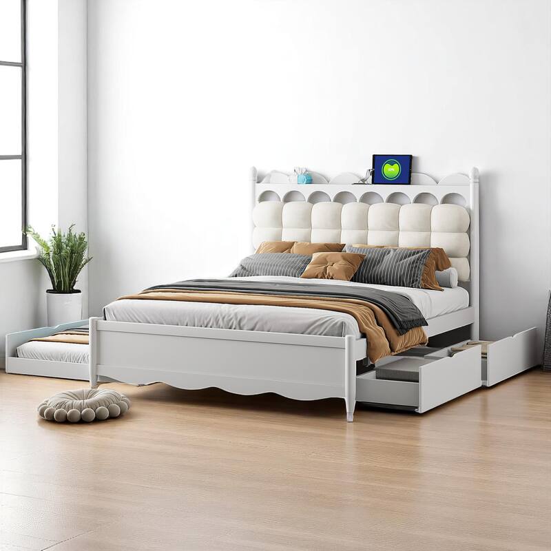 Queen Platform Bed with Trundle, 2 Big Drawers, USB & Power Outlets for Extra Storage