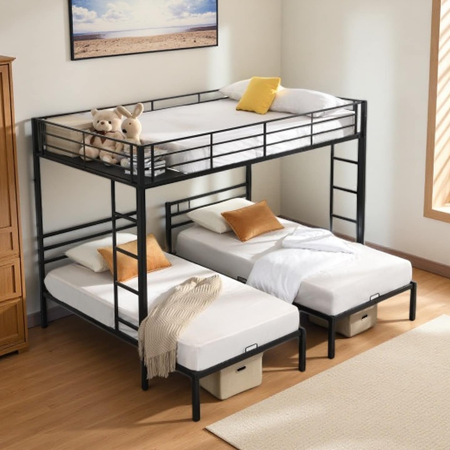 Full Over Twin-Over-Twin Triple Bunk Bed, Metal Frame with Safety Guardrails and Built-In Shelf, Vertical Ladder