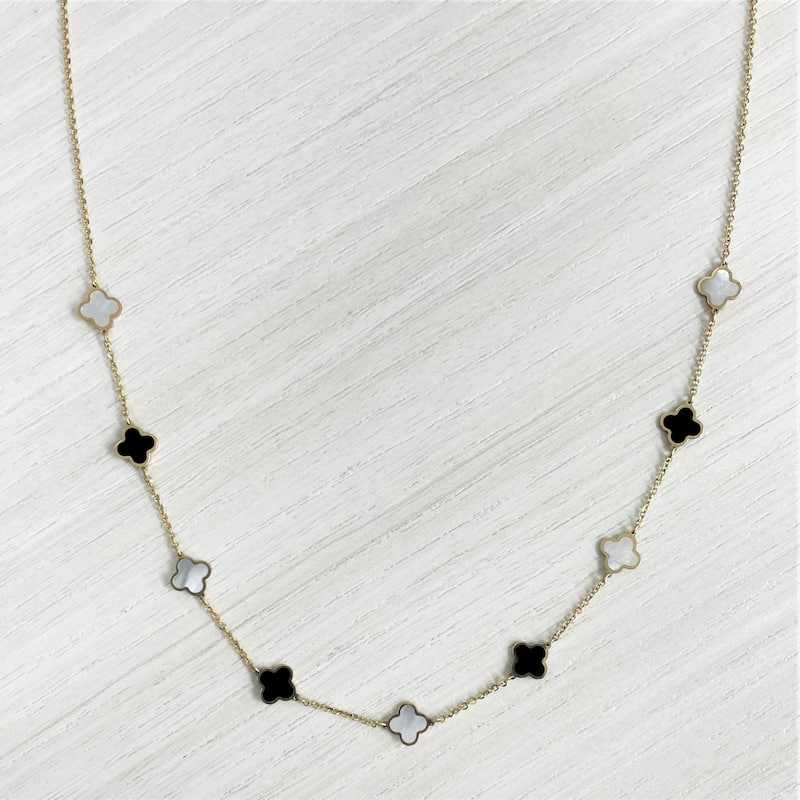 Italian Gold14K Yellow Gold Clover Station Necklace - Made In Italy 7mm Clover 16-18 Inch Chain 2.60 grams