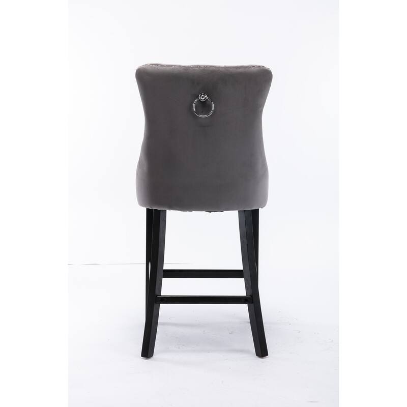 2 Velvet Upholstered Barstools with Button Tufted and Wooden Legs, and Chrome Nailhead Trim - N/A