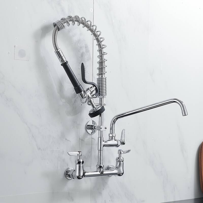 26 Inch Modern Commercial Brushed Nickel Kitchen Faucet with Pre-Rinse Sprayer - 8 In. W X 25 In. H X 8 In. D