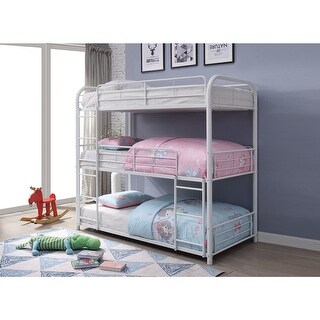 White Full Size Metal Triple Bunk Bed with Ladder and Fence for Kids, Boys and Girls, Bedroom