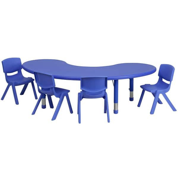 slide 2 of 16, 35"W x 65"L Half-Moon Plastic Adjustable Activity Table Set - 4 Chairs Blue