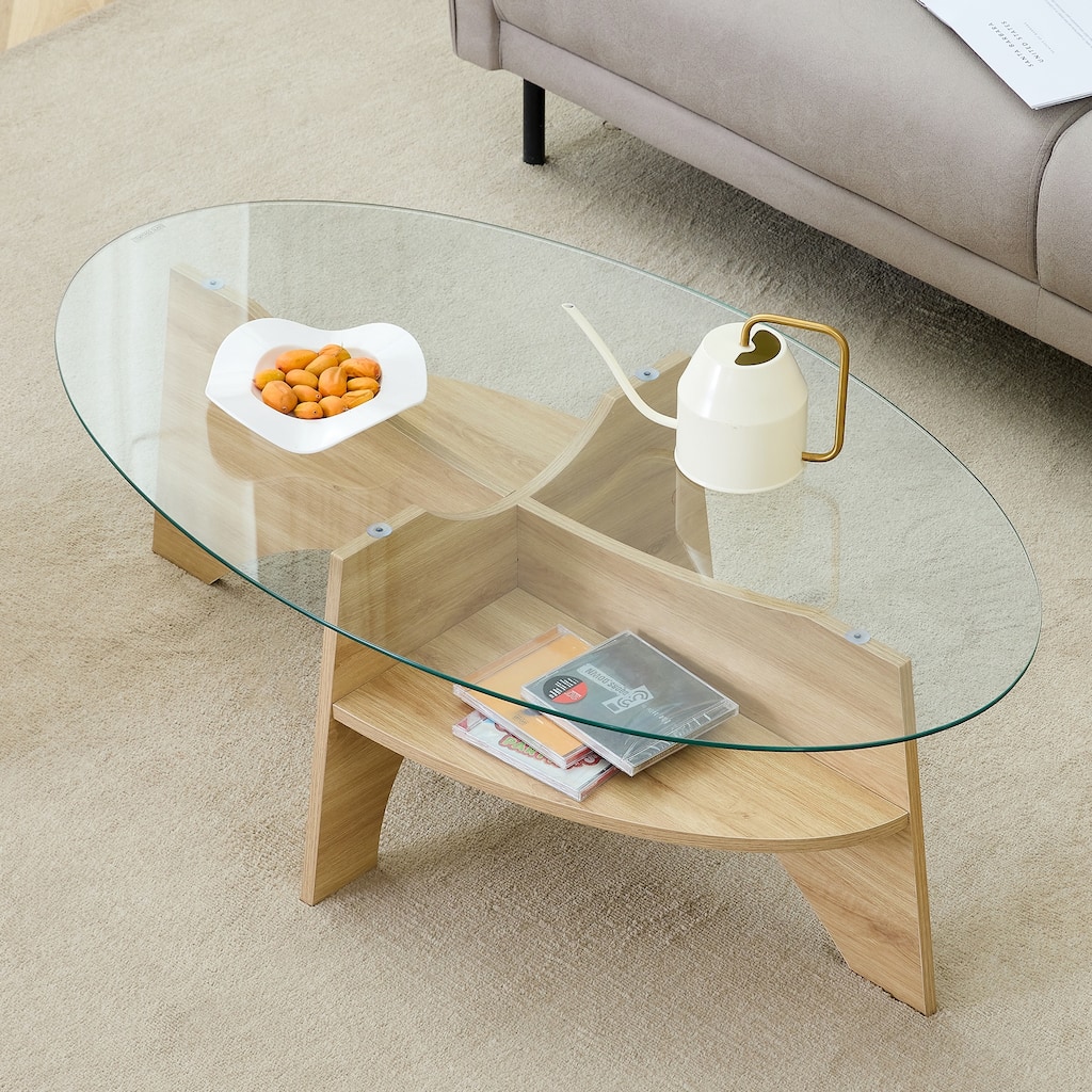 GDFStudio Elowen Tempered Glass Coffee Table with Wood Legs and Multi-Functional Design
