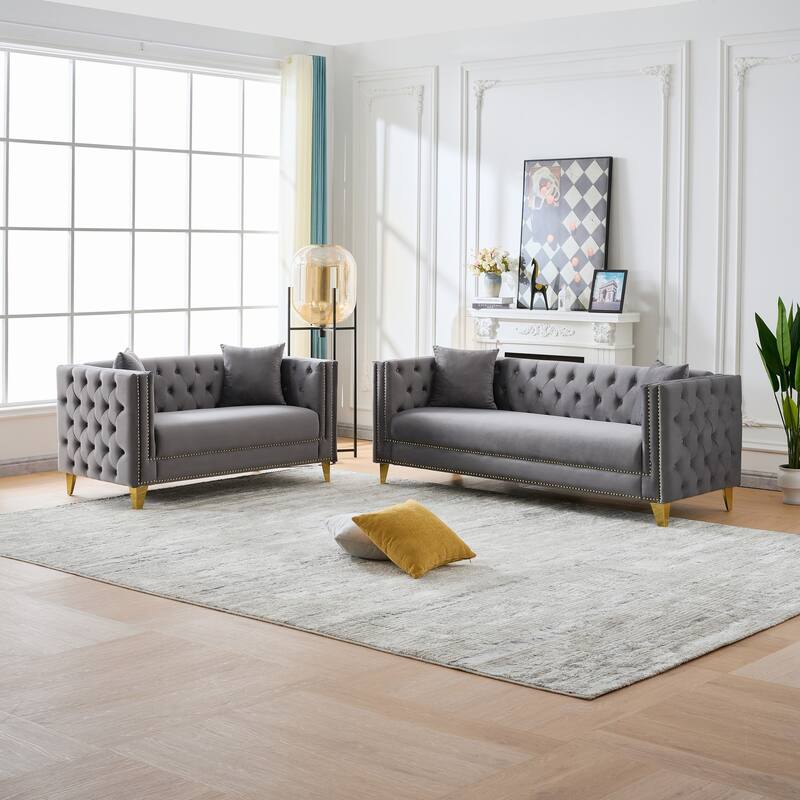 Roomfitters 80" and 58" Modern Tuxedo Sofa and Loveseat Set, Buttoned Back Couch with Gold Legs and Nailhead Trim - Grey