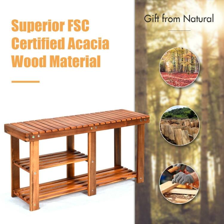 3-Tier Wooden Shoe Organizer with Bench for Entryway Storage - 34" x 11" x 17.5" (L x W x H)