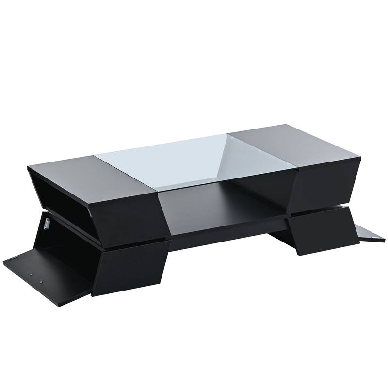 Glass-Top Coffee Table with Open Storage Shelves and Cabinets, Rectangular Cocktail Table 2-Tier Center Table for Living Room