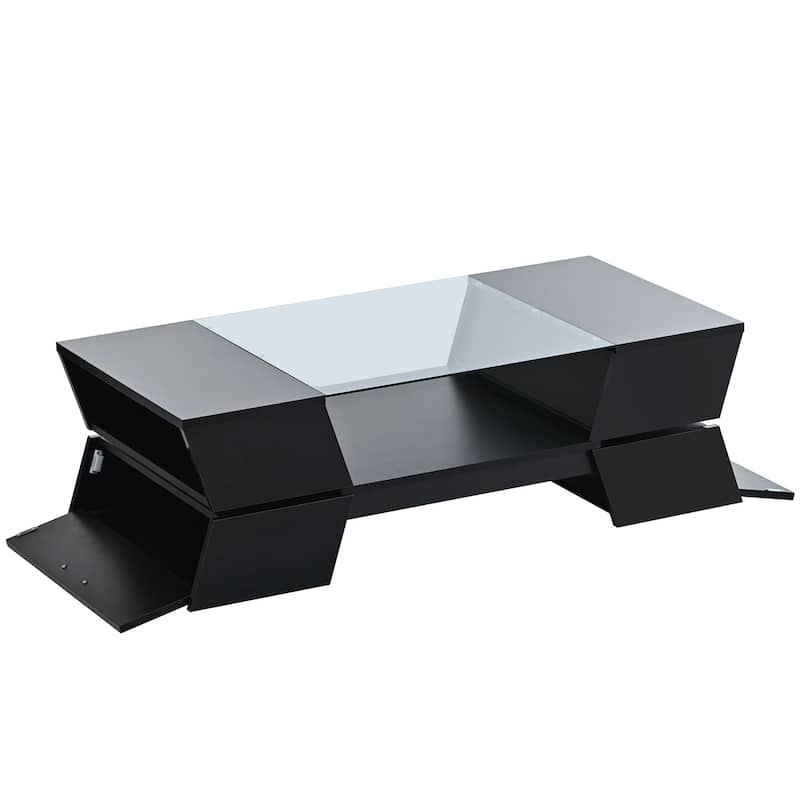 Roomfitters Glass-Top Coffee Table with Open Shelves and Cabinets, Modern 2-Tier Center Table with Storage for Living Room