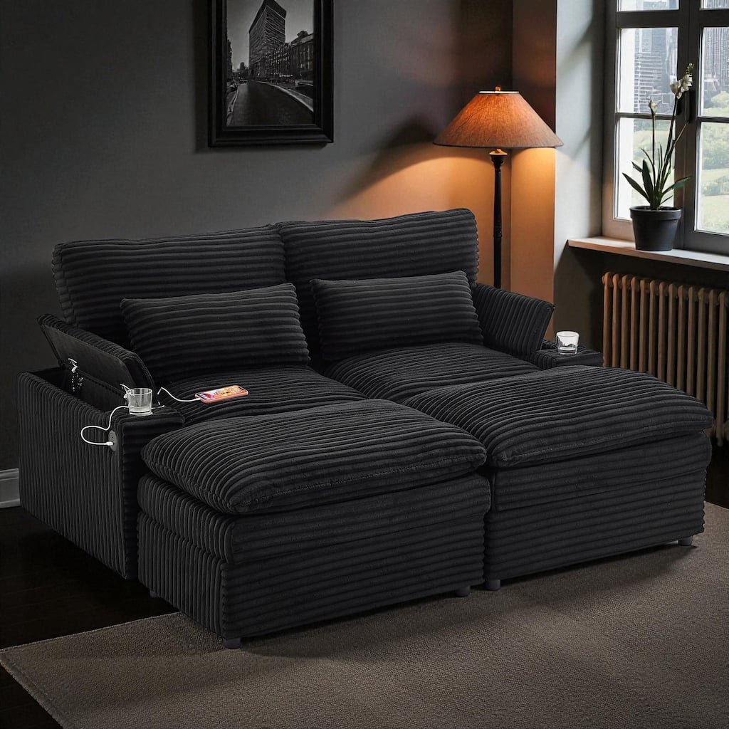 70.9" Convertible Loveseat Sofa Bed with Storage, 2 Ottomans, 4 USB Ports and Cup Holders, Corduroy Sectional for Living Room