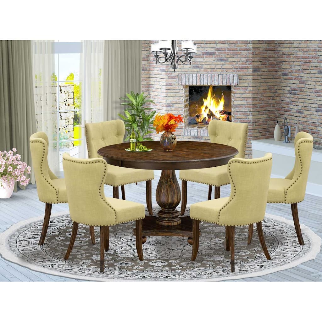 HomeStock 7-Piece Round Distressed Jacobean Finish Solid Wood Top Dining Table with 6 Parson Chairs