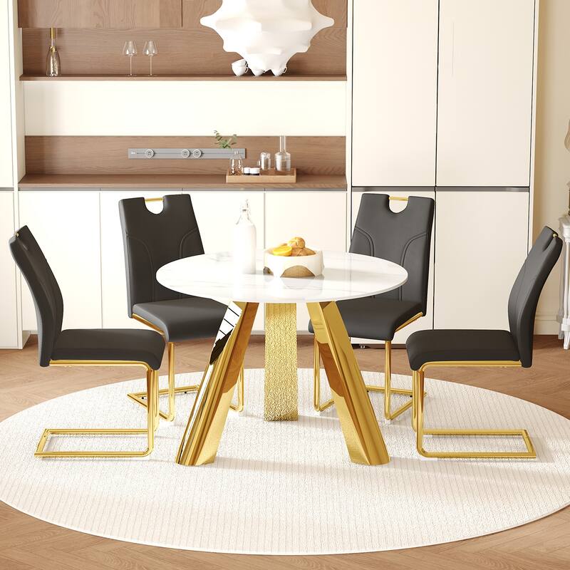 Modern Luxury Round Sintered Stone Dining Set Gold Metal Base + 4 Black PU Upholstered Chairs Elegant Contemporary Collection