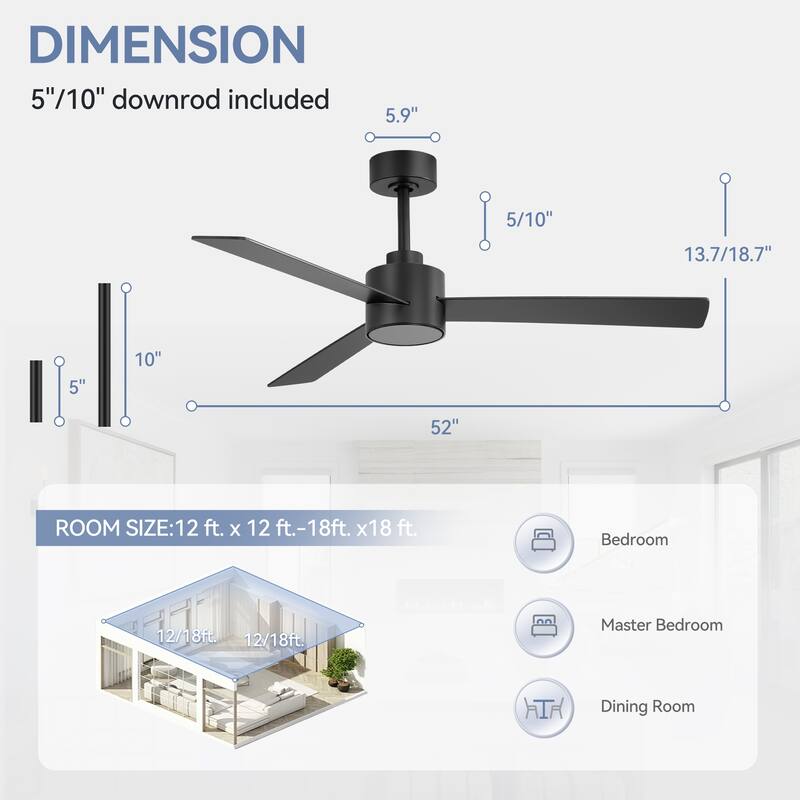 52-inches 3-Blade Ceiling Fan With Remote Downrod