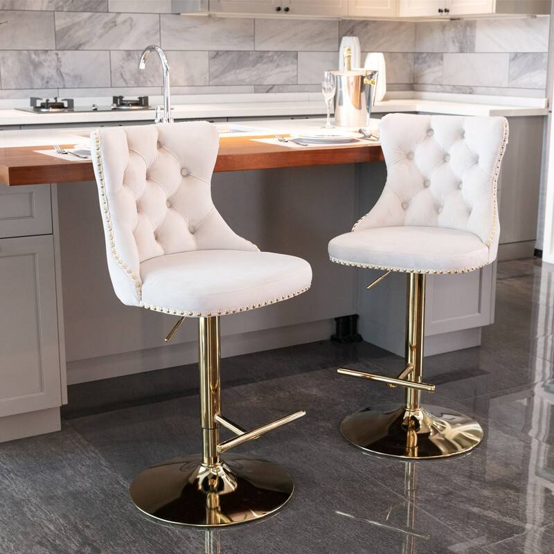 Upholstered Swivel Bar stools with Button Tufted and Adjustable Seat Height,Beige - Set of 2