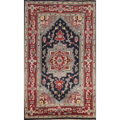 Hand Knotted Oriental 100% Wool Carpet Traditional Medallion Navy Blue & Blues Heriz (serapi) Area Rug - 5' 0'' X 3' 0''