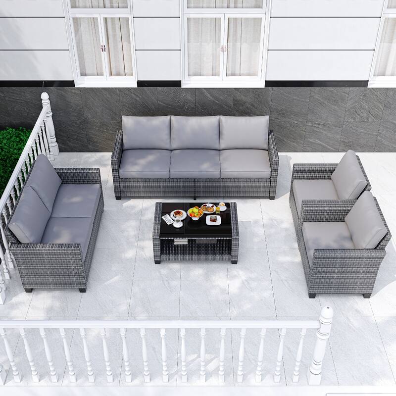 5 Piece Rattan Patio Furniture Set By 7 Seat Outdoor Furniture Sectional Sofa With Storage Table