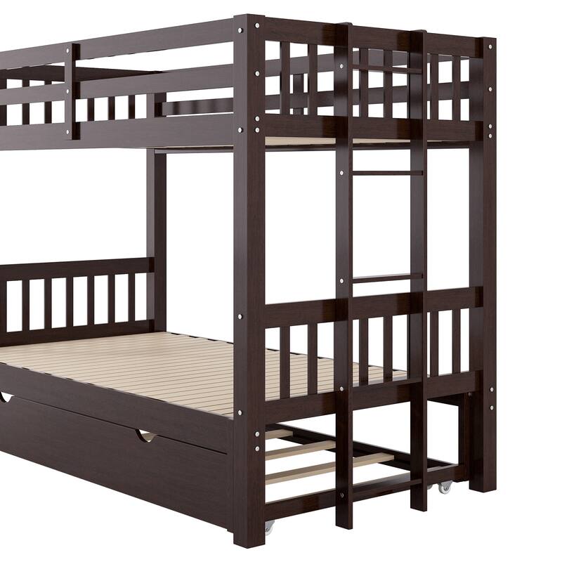 Twin Over Pull-Out Bunk Bed with Trundle, Solid Wood Twin Over Twin/Double Twin Bunk Bed with Ladder and Full-Length Guardrail