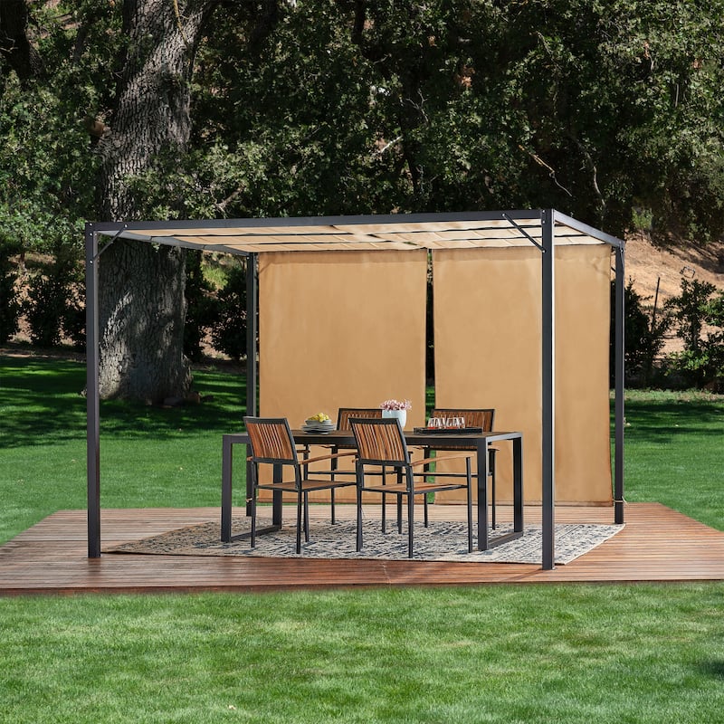 Roomfitters Steel Outdoor Pergola with Retractable Canopy, All-Weather Patio Shade for Dining and Entertaining, Beige - Beige