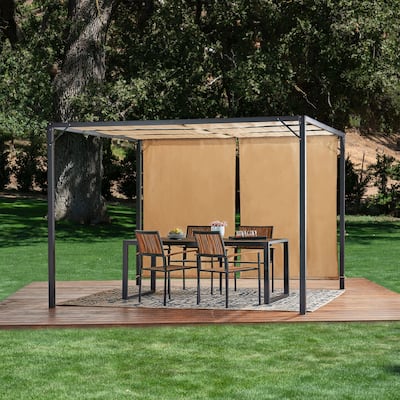 Roomfitters Steel Outdoor Pergola with Retractable Canopy, All-Weather Patio Shade for Dining and Entertaining, Beige
