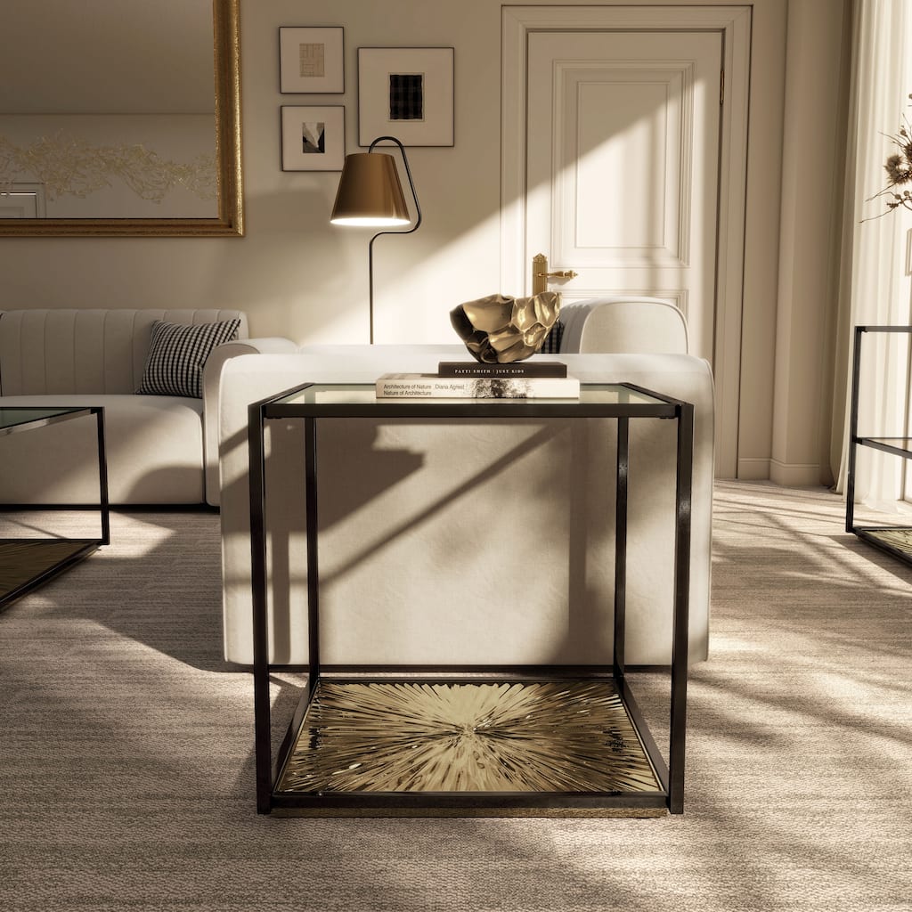 247 Shop At Home Aureum Modern 1-Shelf End Table with Sunburst Base and Tempered Glass Top