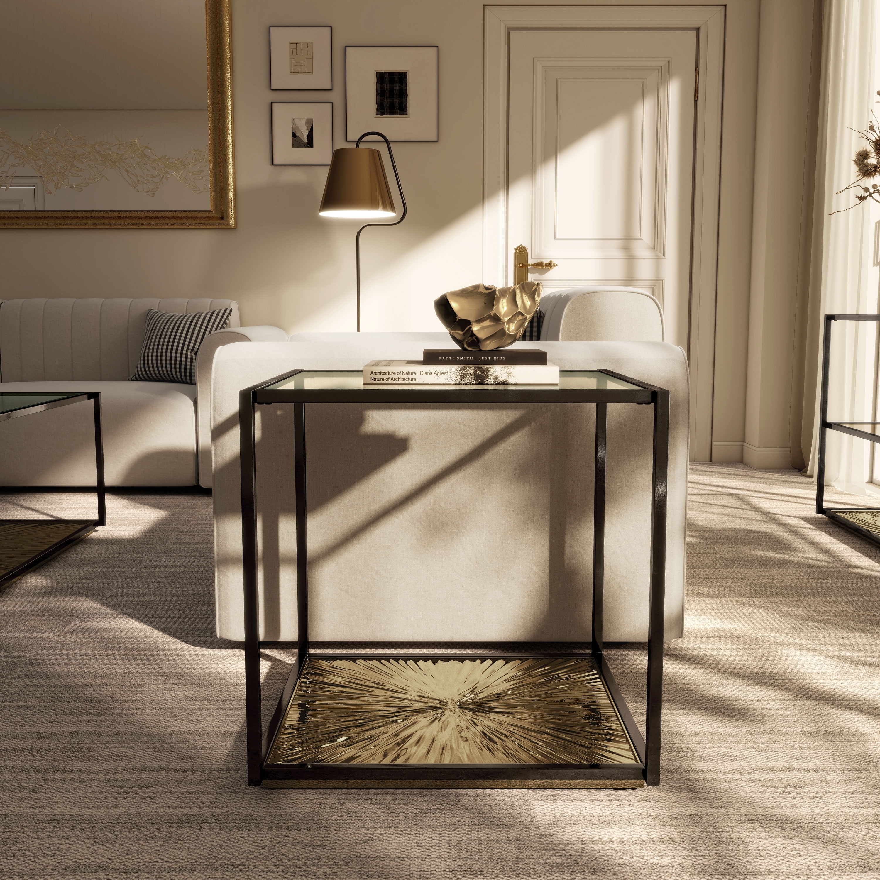 247 Shop At Home Aureum Modern 1-Shelf End Table with Sunburst Base and Tempered Glass Top