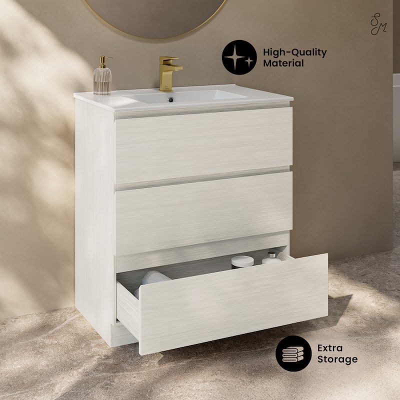 Liberte 30" Freestanding Bathroom Vanity In White Oak With Sink Top - 30
