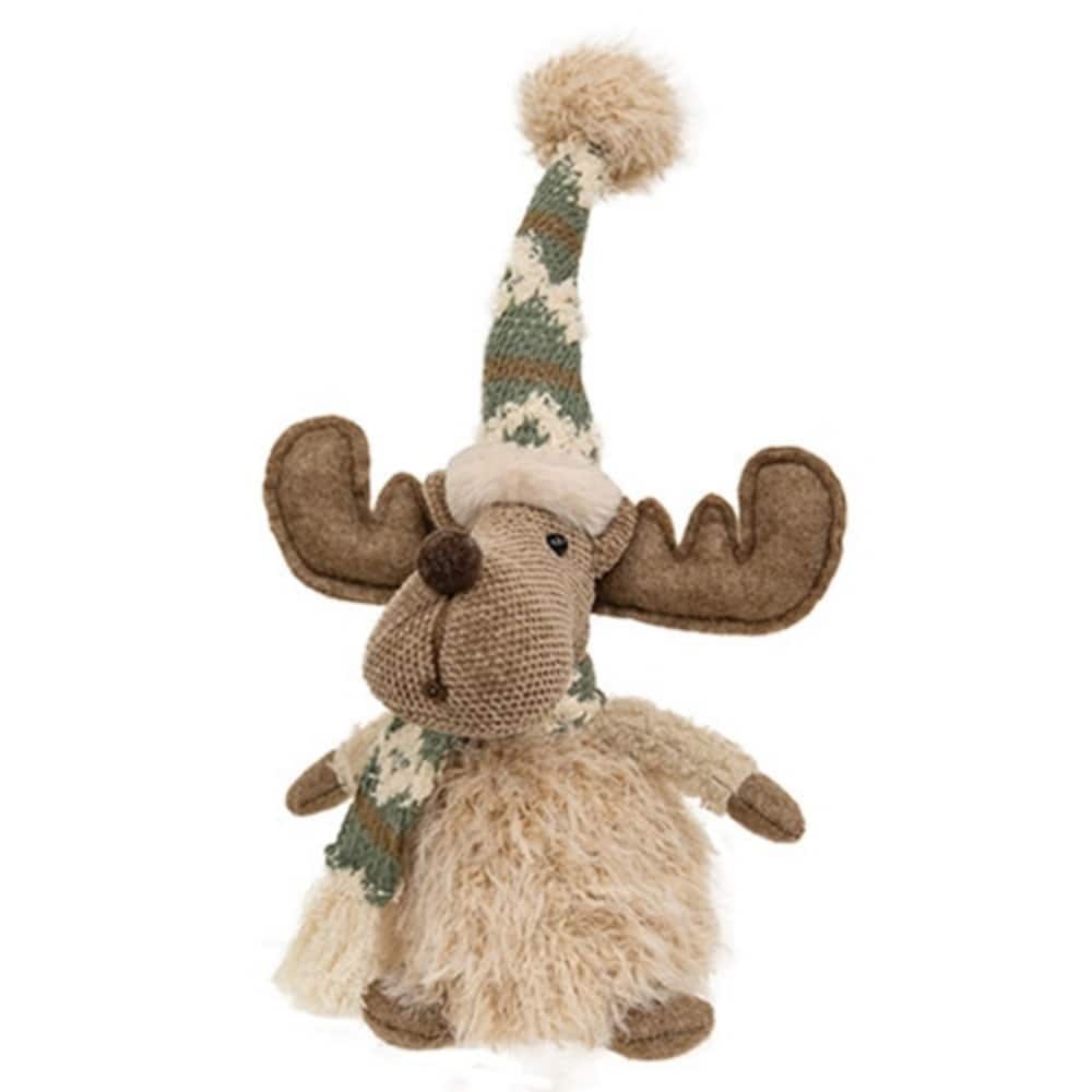 Light Brown Plush Reindeer Figurine with Nordic Hat and Scarf for Cozy Winter Holiday Decor - 12" H x 7" W x 5" D