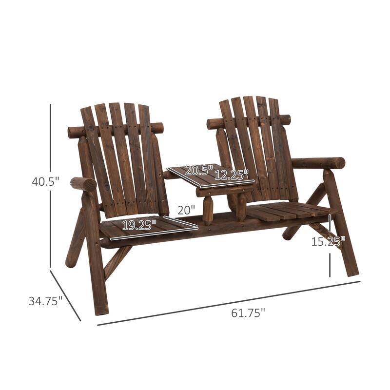 Outsunny 2-Seat Wooden Adirondack Chair, Patio Bench With Table, Outdoor Loveseat Fire Pit Chair For Porch, Backyard, Deck