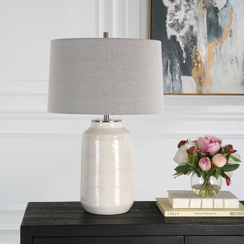 Crackle Glossy Table Lamp with Tapered Shade - 25.75" - White and Gray
