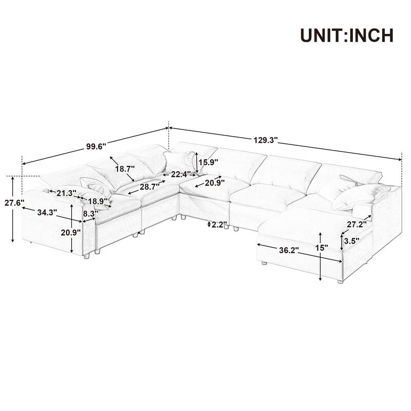 129.3'' L-Shaped 7-Seater Sectional with Ottoman and Pillow, Spacious Design for Living Room or Office Use