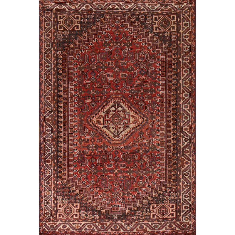 Tribal Orange Qashqai Persian Vintage Rug Hand-Knotted Wool Carpet - 5'4"x 8'0"