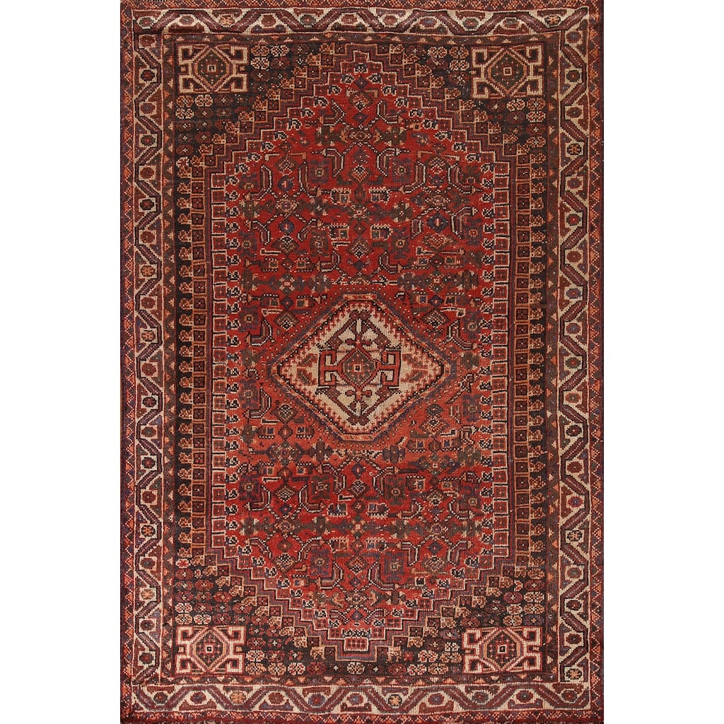 Tribal Orange Qashqai Persian Vintage Rug Hand-Knotted Wool Carpet - 5'4"x 8'0"