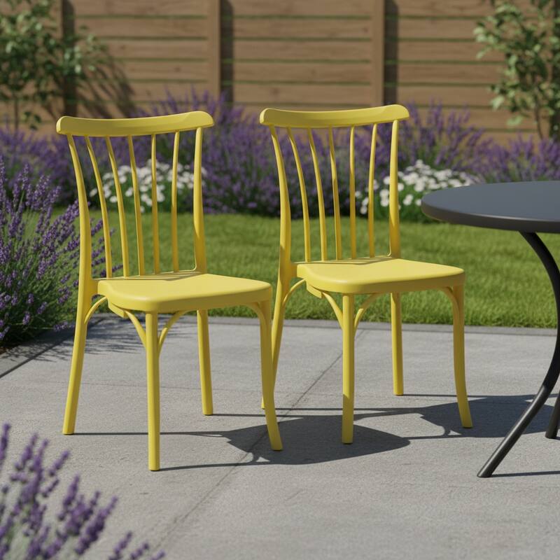 HomeRoots Set of Two Yellow Heavy Duty Plastic Outdoor Stacking Dining Chairs