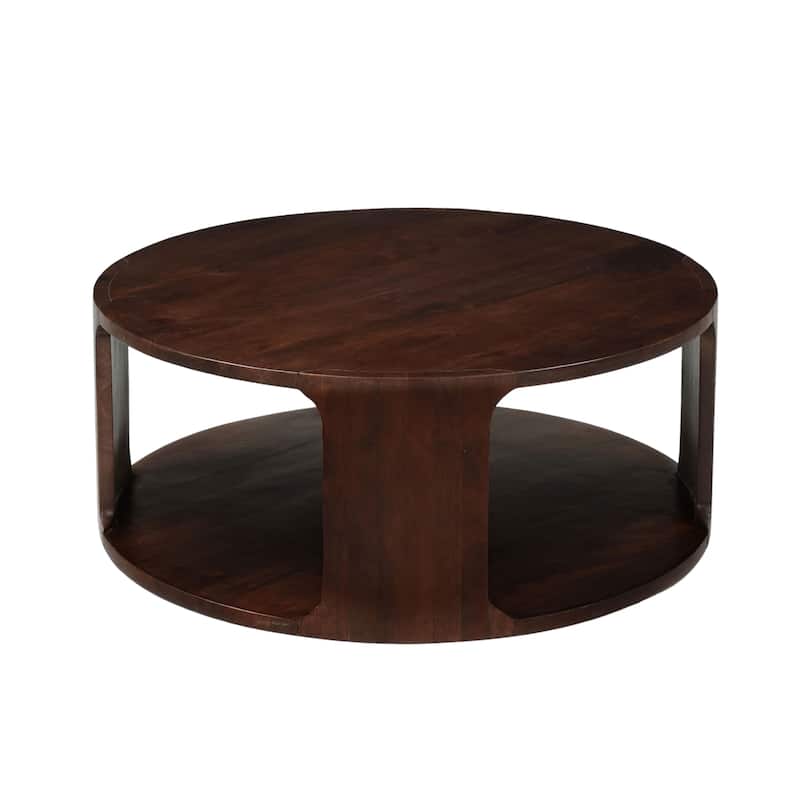 Bard Coffee Table, 38 Inch Round Top with Shelf, Walnut Brown Mango Wood Sculptural Frame - Walnut Brown