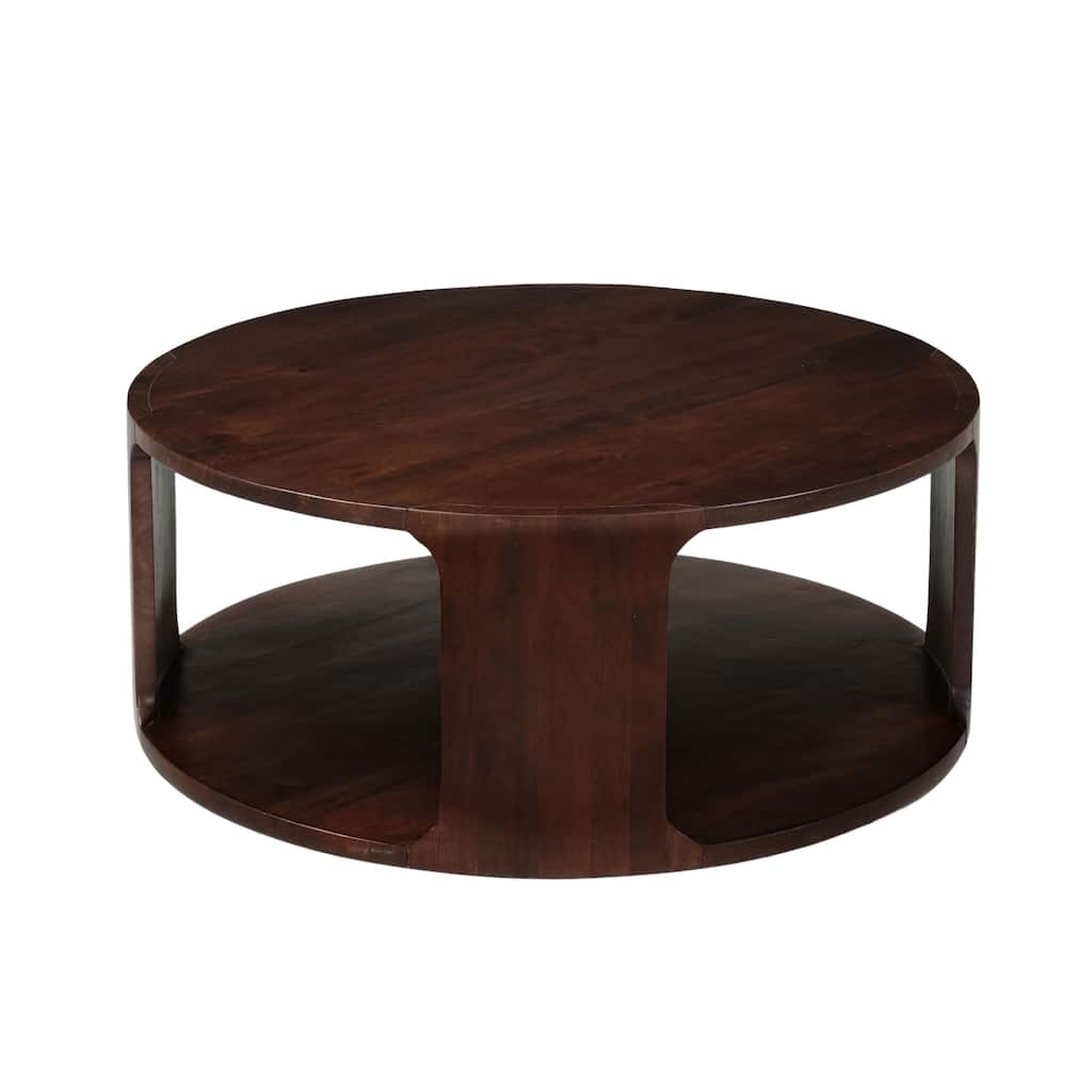 Bard Coffee Table, 38 Inch Round Top with Shelf, Walnut Brown Mango Wood Sculptural Frame