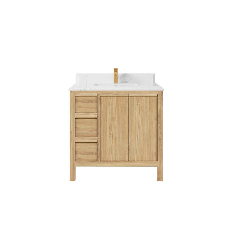 Willow Collections 36 in. W x 22 in. D Elizabeth Solid Teak Wood Center Sink Bathroom Vanity with Countertop - 1.5" Empira White - Light Natural Teak