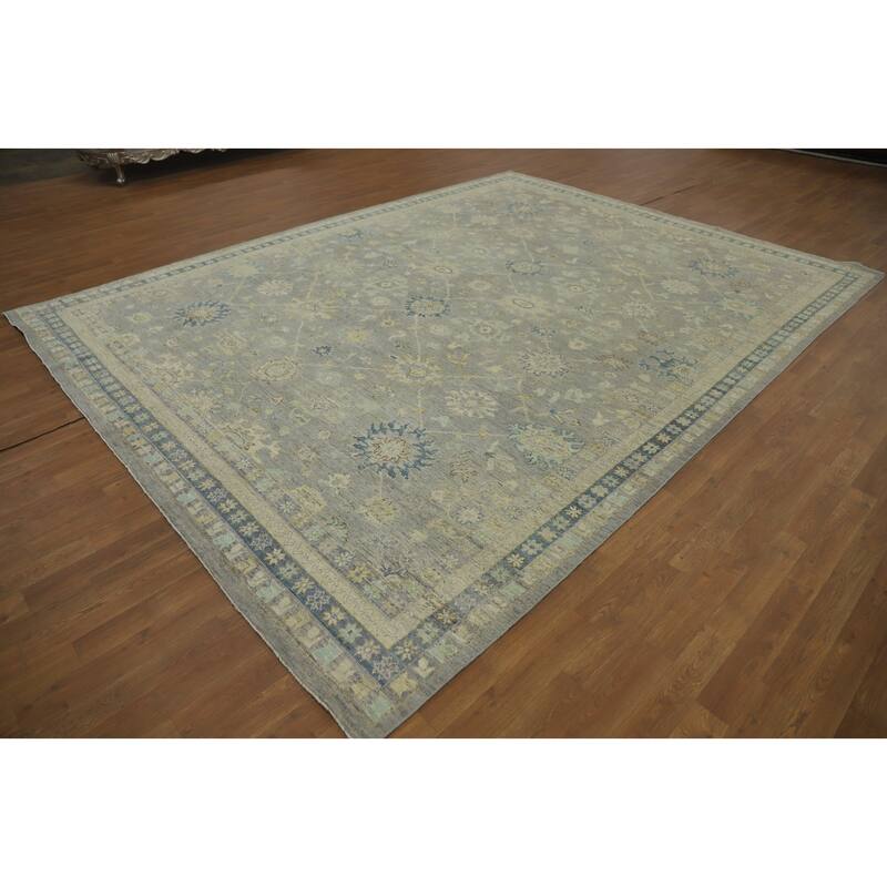Handmade Gray Oushak Vegetable Dye Area Rug, Floral Geometric Carpet - 11' 8'' X 9' 0''