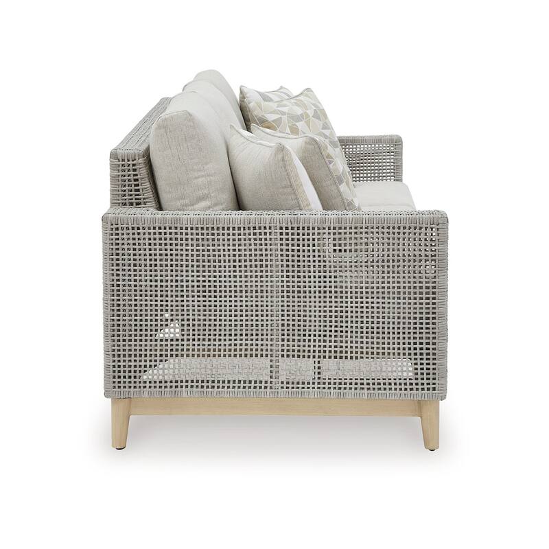 Yami 83 Inch Outdoor Sofa, 4 Accent Throw Pillows, Gray Resin Wicker