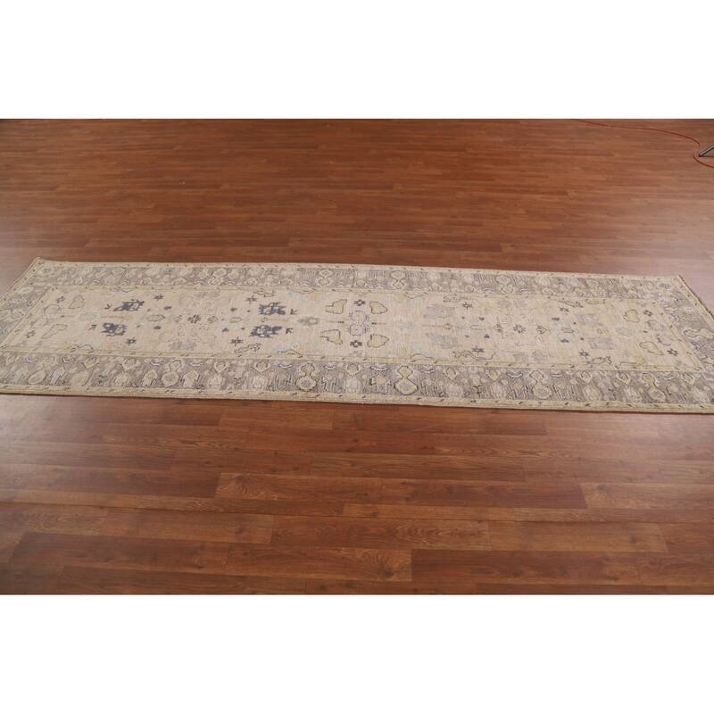 Hand Knotted Oriental 100% Wool Carpet Transitional Geometric Beige & Ivories Oushak Runner Rug - 9' 8'' X 2' 8''