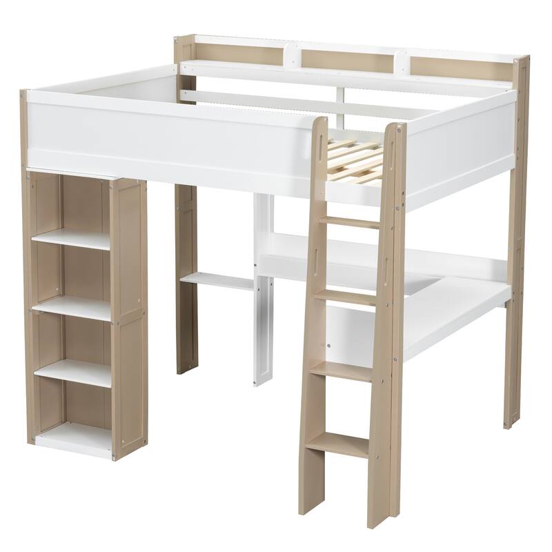 Full Size Wooden Loft Bed Frame with Built-in Storage Shelves, Open Cabinets, Clothes Rails and L-shape Desk