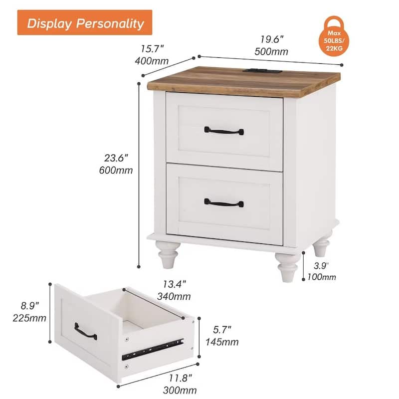Mid Century End Table Nightstands with Charging Station & Drawer