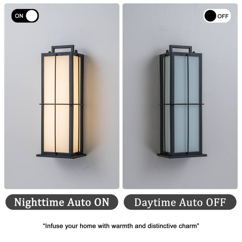 16 in. Black Outdoor Integrated 16W LED Wall Lantern with Frosted Panels and Dusk-to-Dawn Sensor for Porch & Garage - W5''