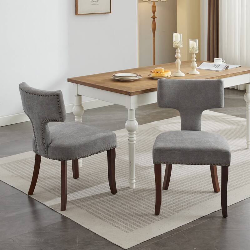 Mid Century Modern Dining Chairs Set of 2, Farmhouse Linen Fabric Upholstered Accent Chair Curved Backrest - Gray