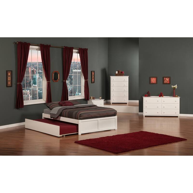 Full Platform Bed with Trundle - Twin Size, Walnut Finish - Modern & Simple Design