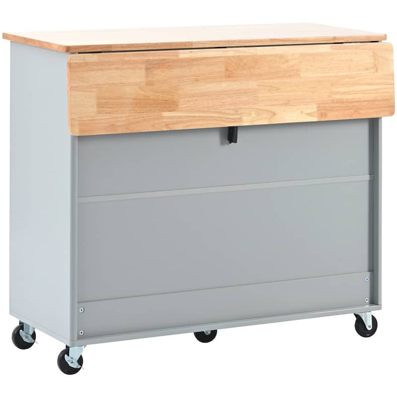 Sliding Glass Door Kitchen Island with Drop Leaf and LED, Grey Blue