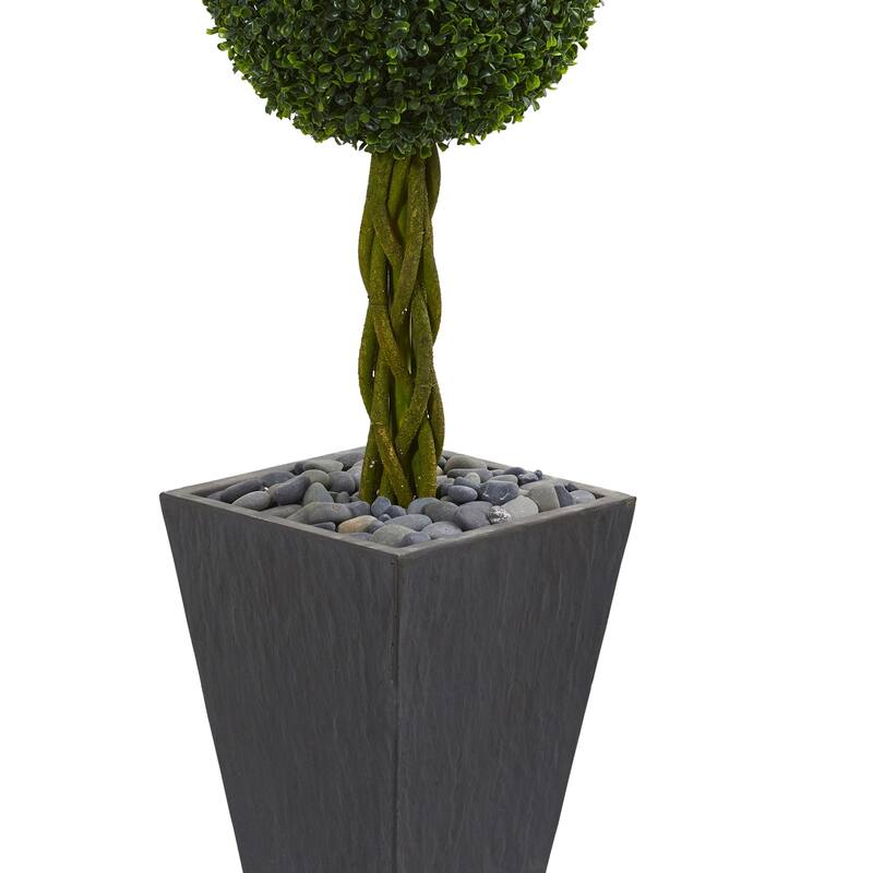 5ft Double Ball Boxwood Topiary Artificial Tree in Slate Planter with UV Resistant Greenery for Indoor or Outdoor Use