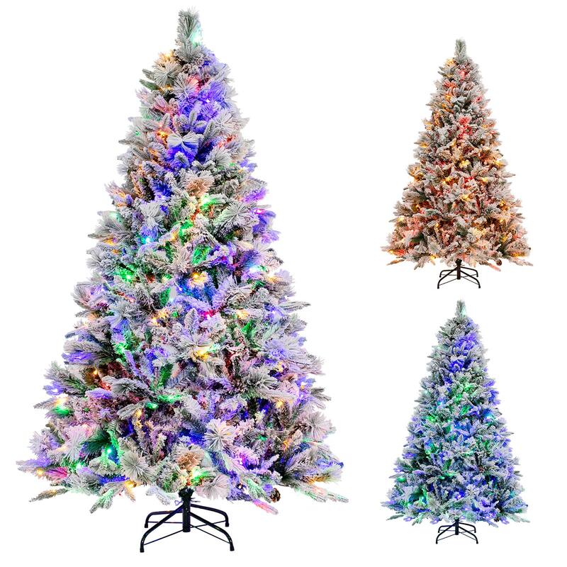 Gymax 4.5/6/7 FT Pre-Lit Artificial Christmas Tree Snow-Flocked Hinged