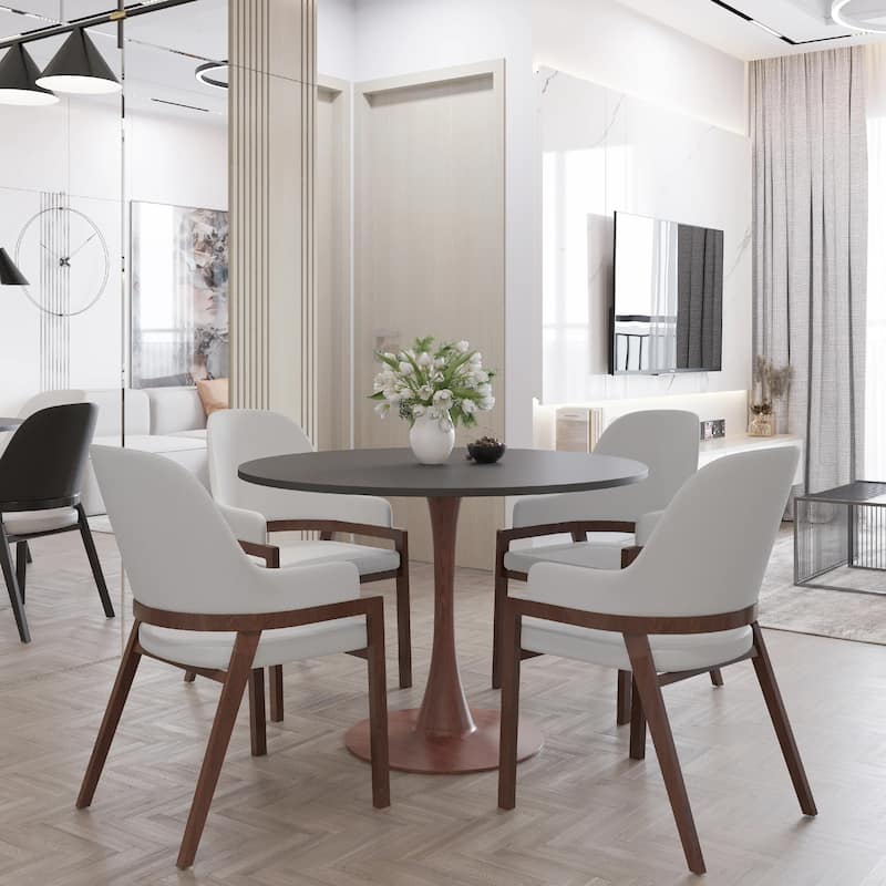 Bristol 35" Round Dining Table with MDF Top and Walnut Steel Pedestal Base for Modern Kitchen and Dining Room