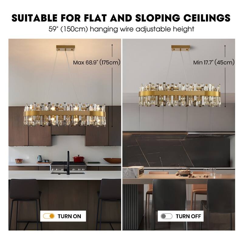 35.4'' Modern Crystal Chandelier 16-Light Rectangle Gold Brass Chandelier Luxury 2-Tier Crystal Pendant Light for Kitchen Island