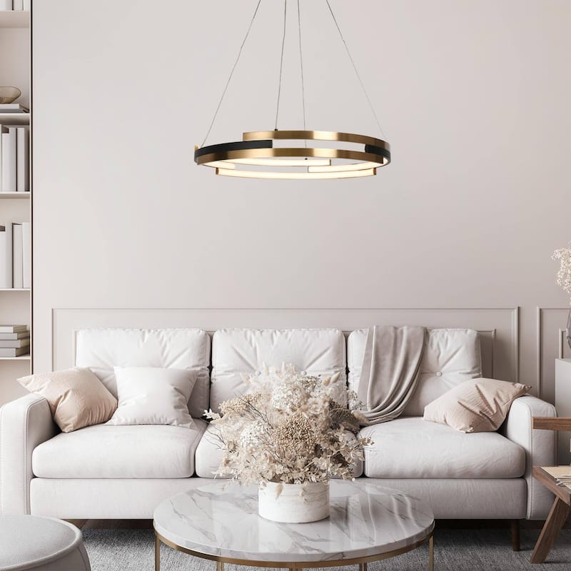 Modern 1-Light Black Gold LED Chandelier Round Hanging Pendant Lighting for Dining Room - 25.5" D x 63.5" H